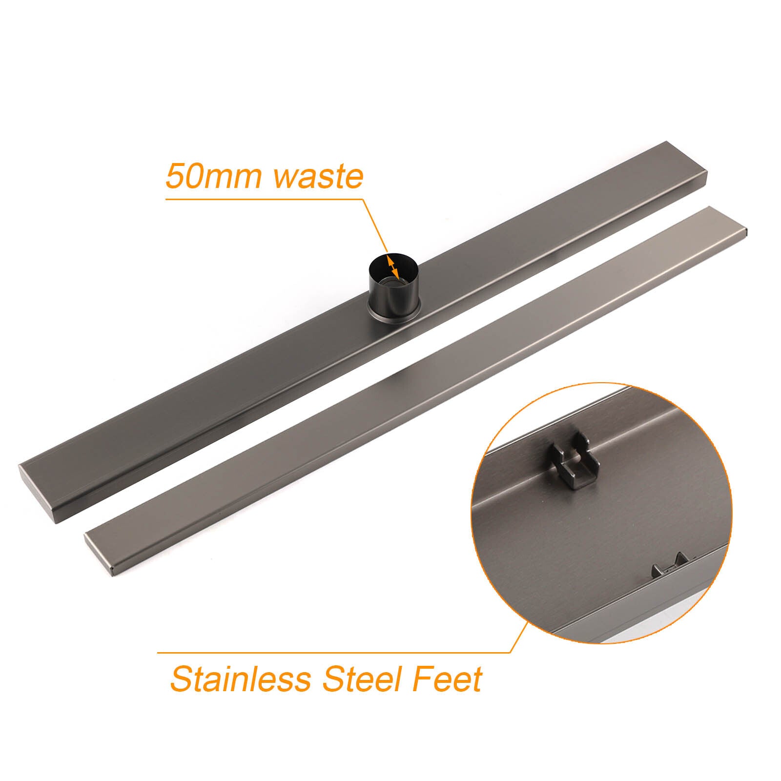 Gun Metal Bathroom Tile Insert 800mm Linear Shower Grate Floor Drain 50mm Waste V1233-LGTI02A800GM