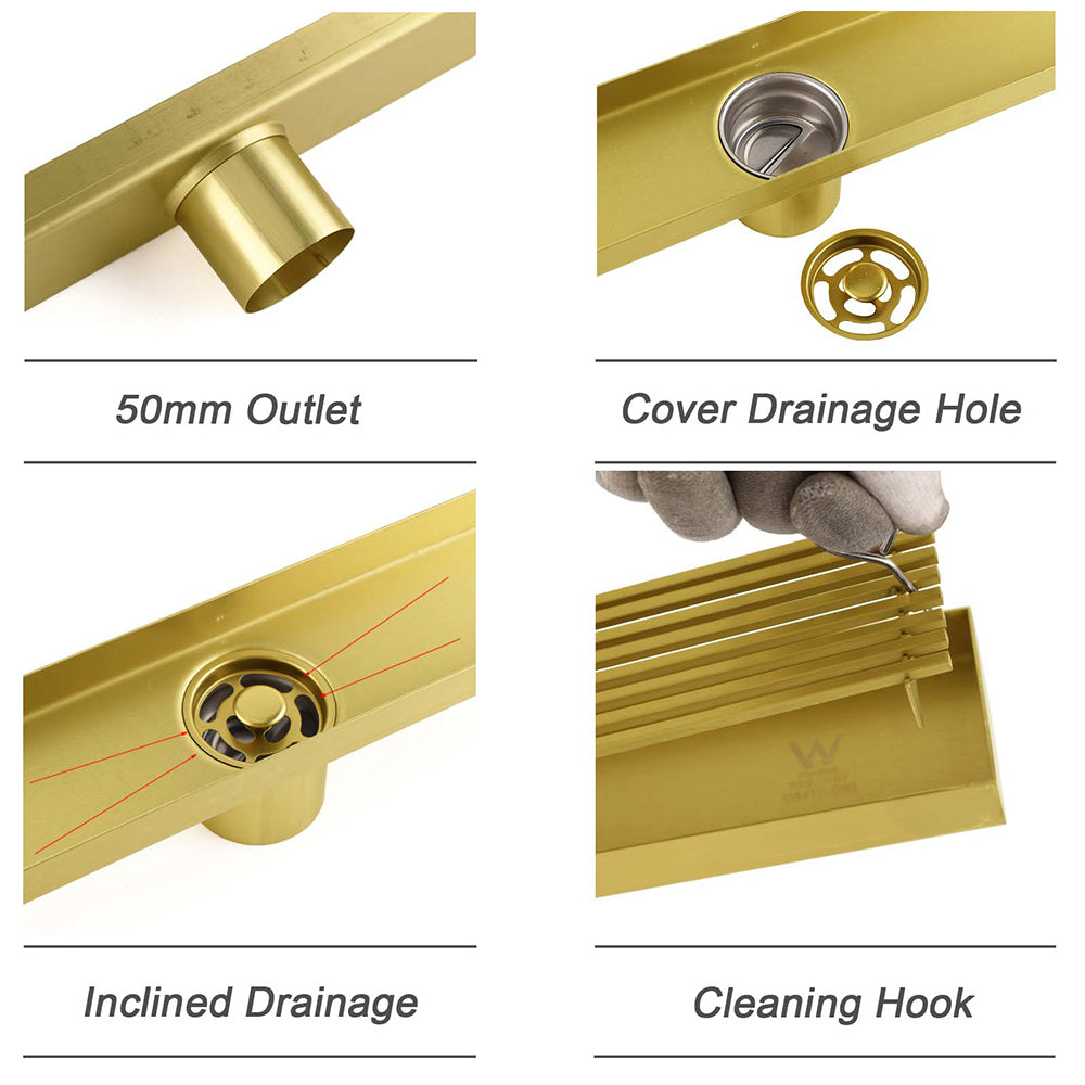 Brushed Gold 304 SUS 600mm Strip Fence Sword Shower Grate Floor Drain 50mm Waste V1233-LGWG02A600BG