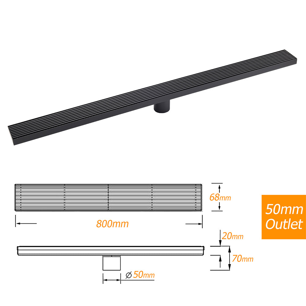 Matt Black 600mm Strip Fence Sword Shower Grate Floor Drain 50mm Waste Outlet V1233-LGWG02A600BL