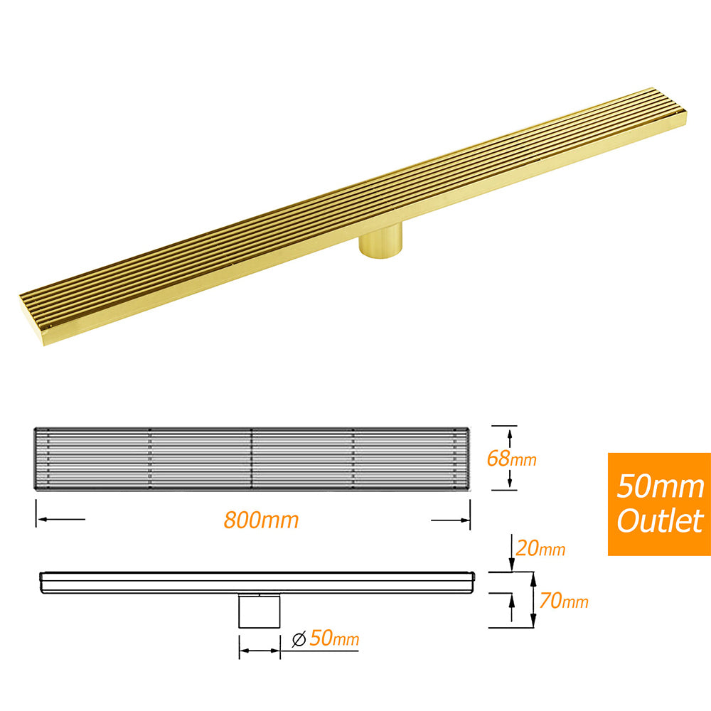 Brushed Gold Bathroom 800mm Strip Fence Long Shower Grate Floor Drain 50mm Waste V1233-LGWG02A800BG