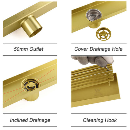 Brushed Gold Bathroom 800mm Strip Fence Long Shower Grate Floor Drain 50mm Waste V1233-LGWG02A800BG