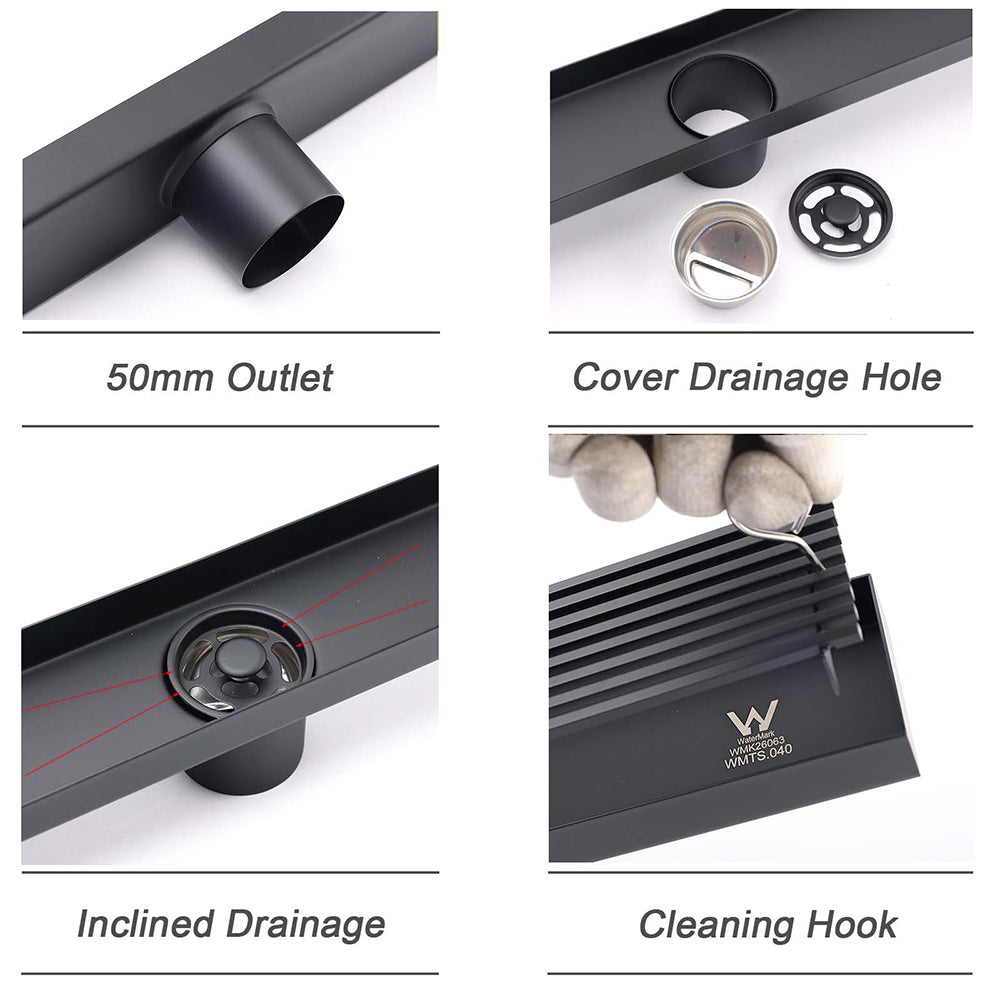 Matt Black 800mm Strip Fence Shower Grate Floor Drain Central 50mm Waste Outlet V1233-LGWG02A800BL