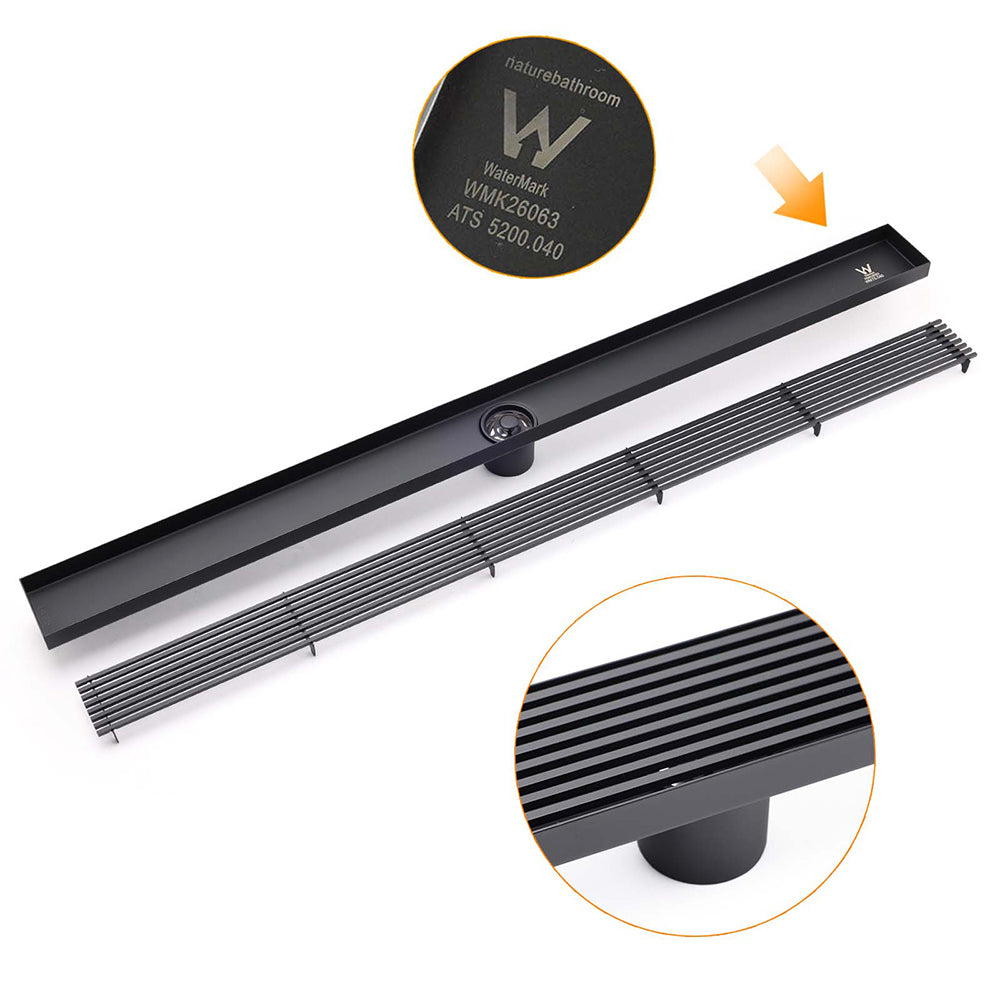 Matt Black 800mm Strip Fence Shower Grate Floor Drain Central 50mm Waste Outlet V1233-LGWG02A800BL