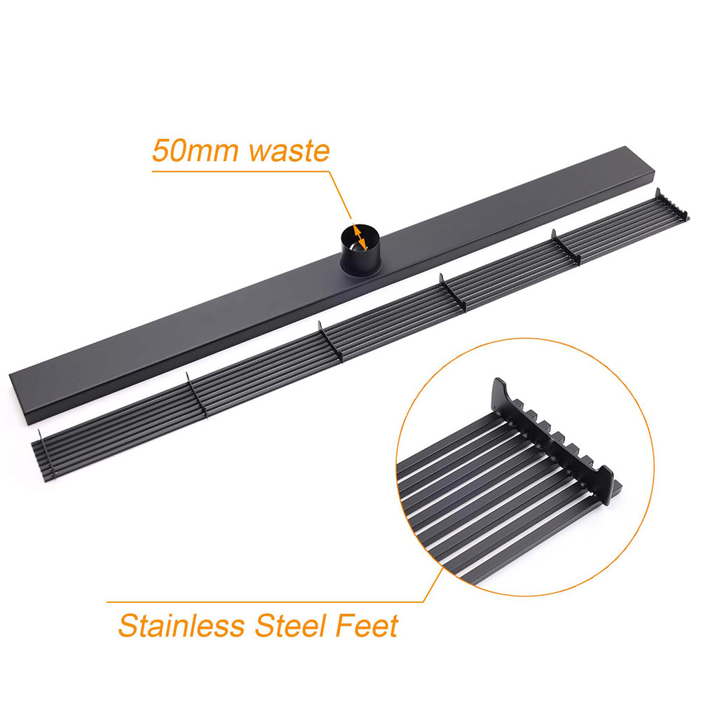 Matt Black 800mm Strip Fence Shower Grate Floor Drain Central 50mm Waste Outlet V1233-LGWG02A800BL