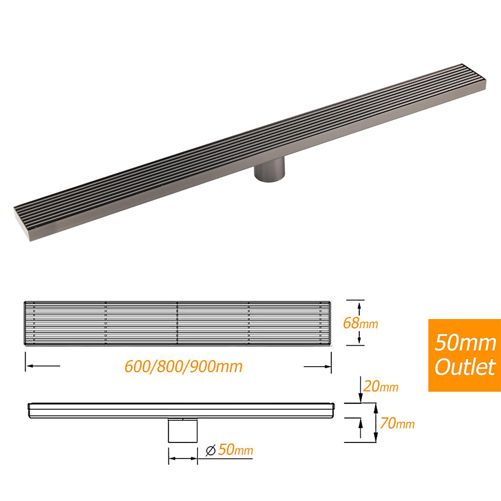 Watermark Gun Metal 800mm Strip Fence Linear Shower Grate Floor Drain 50mm Waste V1233-LGWG02A800GM