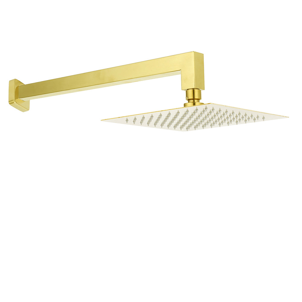 WELS Brushed Gold 10" Square Thin Rain Shower Head 400mm Straight Wall Arm Set V1233-QS66805FGKSS110G
