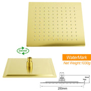 WELS Brushed Gold 10" Square Thin Rain Shower Head 400mm Straight Wall Arm Set V1233-QS66805FGKSS110G