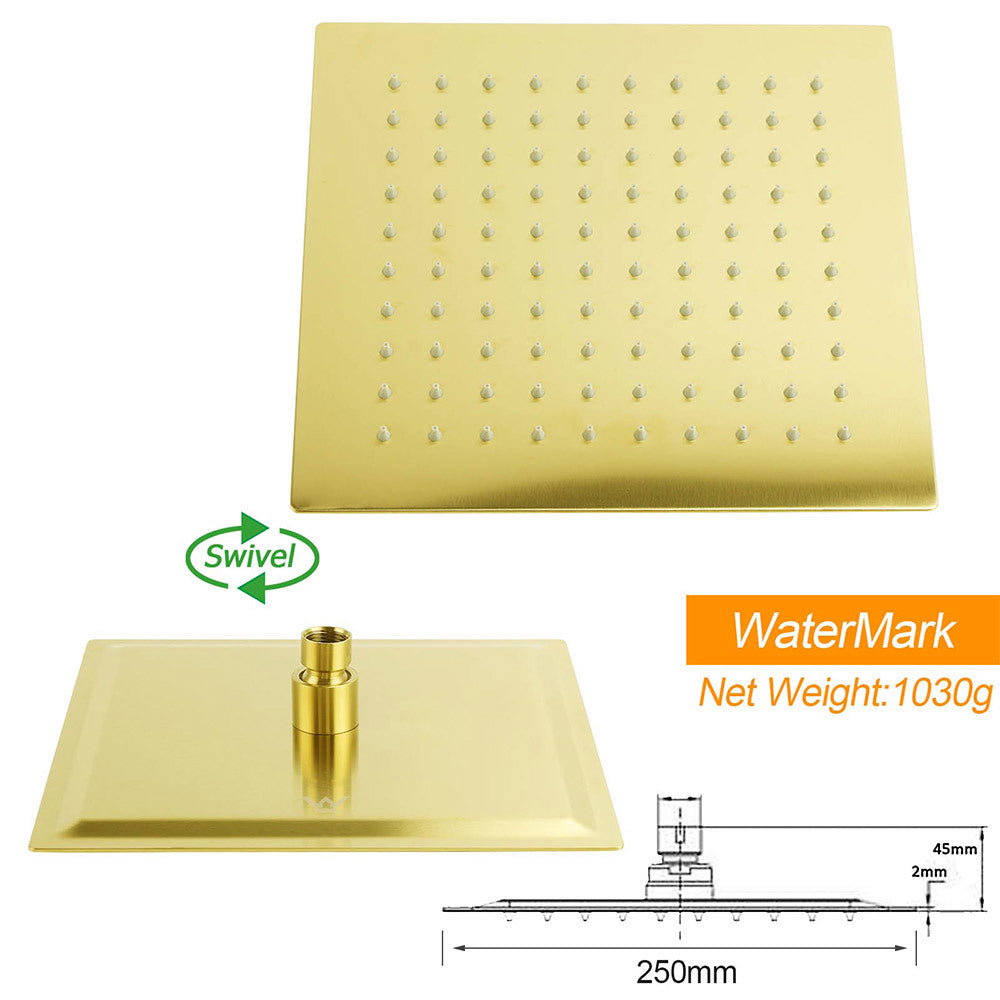 WELS Brushed Gold 10" Square Thin Rain Shower Head 400mm Straight Wall Arm Set V1233-QS66805FGKSS110G