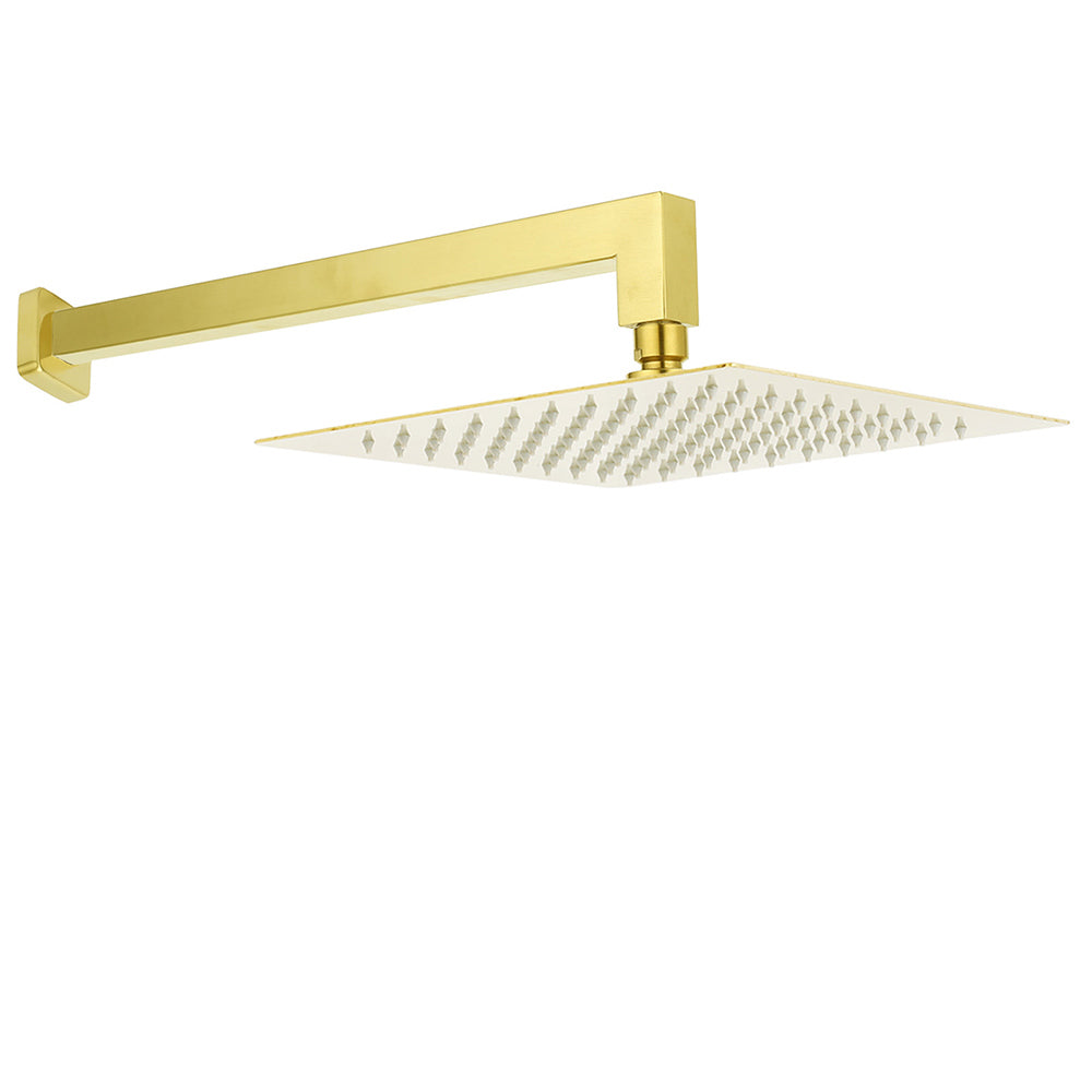 WELS Brushed Gold 12" Square Thin Rain Shower Head 400mm Straight Wall Arm Set V1233-QS66805FGKSS112G