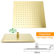 WELS Brushed Gold 12" Square Thin Rain Shower Head 400mm Straight Wall Arm Set V1233-QS66805FGKSS112G
