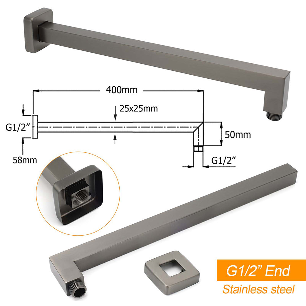 Gun Metal 10" Square Large Rainfall Shower Head 400mm Straight Wall Mounted Arm Set V1233-QS66805FGMKSS110GM