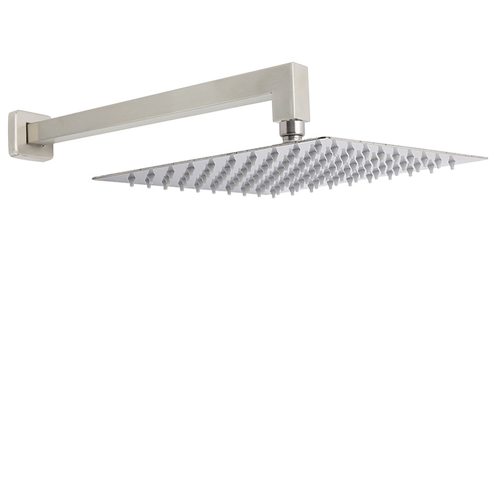 Brushed Nickel 12" Square Rainfall Shower Head + 400mm Straight Wall Mount Arm V1233-QS66805FNKSS112N