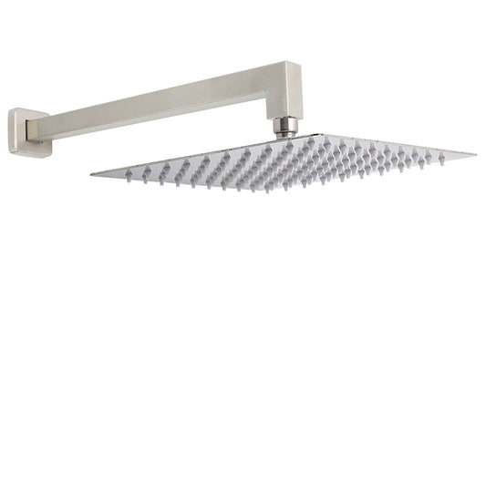 Brushed Nickel 12" Square Rainfall Shower Head + 400mm Straight Wall Mount Arm V1233-QS66805FNKSS112N