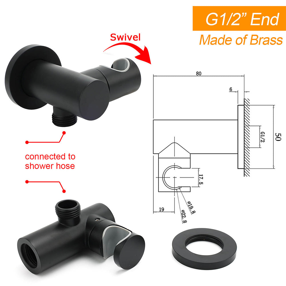 Matt Black Brass Hand Shower Bracket Swivel Holder Wall Elbow Connector Water Inlet Kit V1233-S017B2