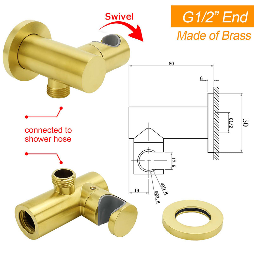 Brushed Gold Brass Handheld Shower Swivel Bracket Holder Water Inlet Elbow Connector Kit V1233-S017G2