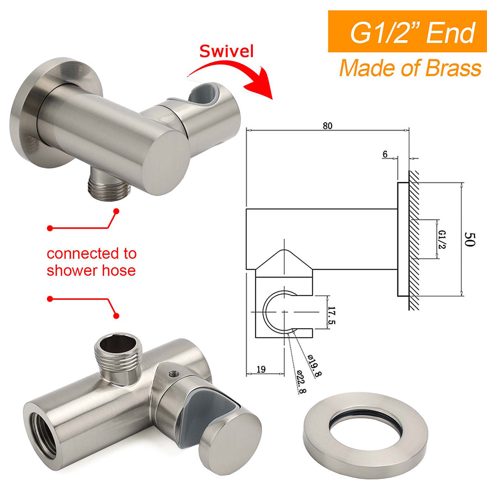 Brushed Nickel Water Inlet Handheld Shower Swivel Bracket Holder Wall Elbow Connector V1233-S017N2
