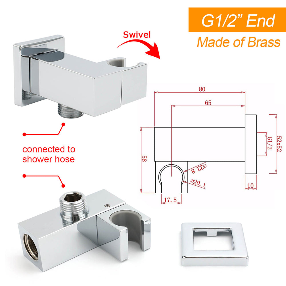 Chrome Square Water Inlet Shower Rose Bracket Swivel Holder Wall Elbow Connector G1/2" Thread V1233-S0182