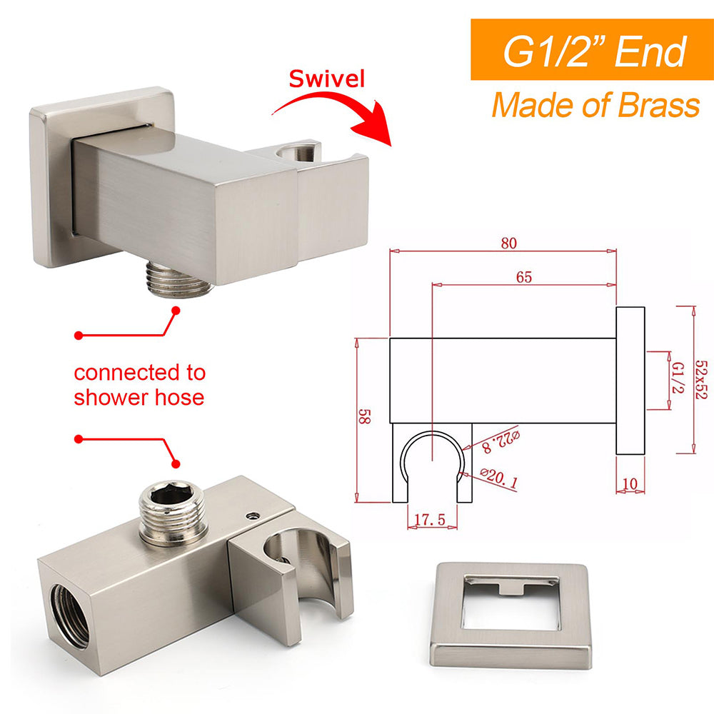 Brushed Nickel Square Bracket Flexible Shower Head Holder Wall Connector 1/2" End Thread V1233-S018N2