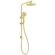 Brushed Gold 2in1 Shower Set 8" Round Head 3 Modes Handheld Sliding Rail Arm + Twin Taps V1233-S4902ABGHR002M4CGKSR108GCPF0282AG