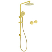 Brushed Gold Dual Shower Set 8" Round Head 3 Modes Handheld Sliding Rail Arm Twin Taps V1233-S4902ABGHR002M4CGKSR108GKC0292BG