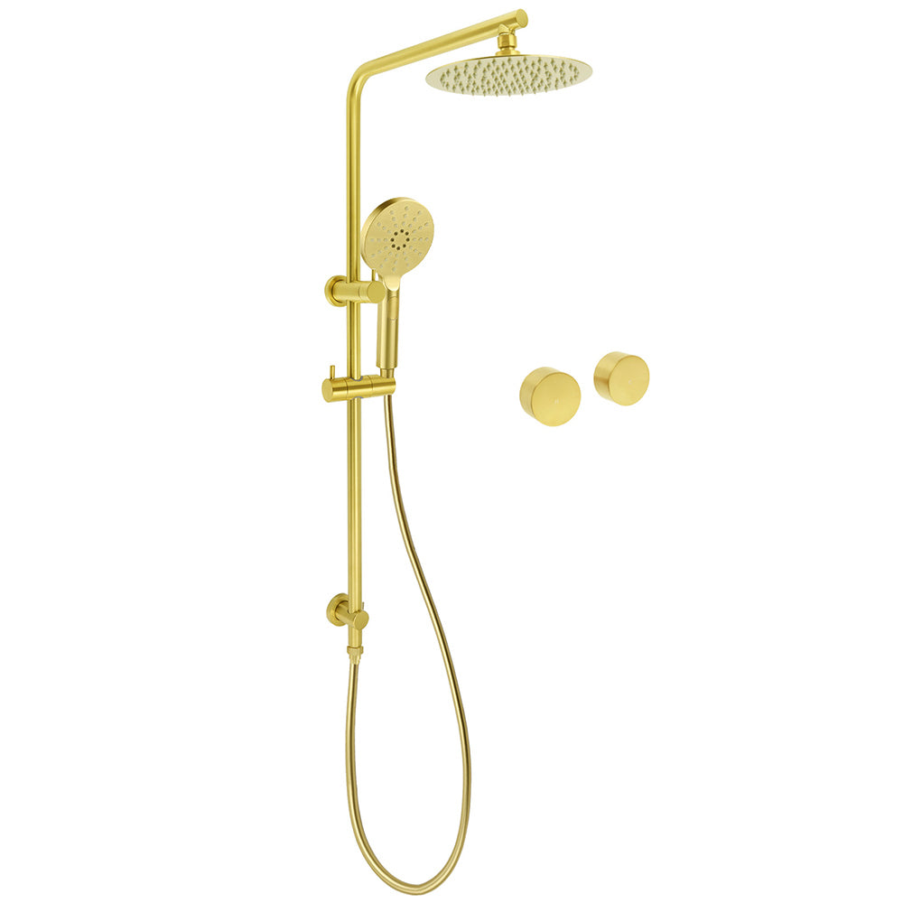Brushed Gold Dual Shower Set 8" Round Head 3 Modes Handheld Sliding Rail Arm Twin Taps V1233-S4902ABGHR002M4CGKSR108GKC0292BG
