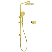 Brushed Gold Twin Shower Set 8" Round Head 3 Modes Handheld Sliding Rail Arm Mixer Valve V1233-S4902ABGHR002M4CGKSR108GKC1292BG