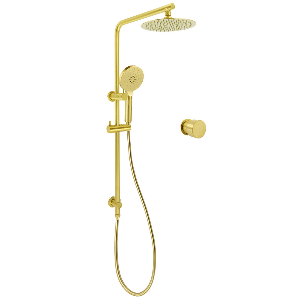 Brushed Gold Twin Shower Set 8" Round Head 3 Modes Handheld Sliding Rail Arm Mixer Valve V1233-S4902ABGHR002M4CGKSR108GKC1292BG