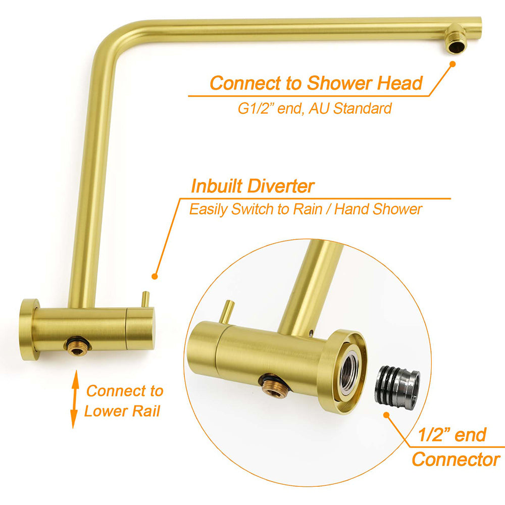 Brushed Gold Twin Shower Set 8" Round Head 3 Modes Handheld Sliding Rail Arm Mixer Valve V1233-S4902ABGHR002M4CGKSR108GKC1292BG