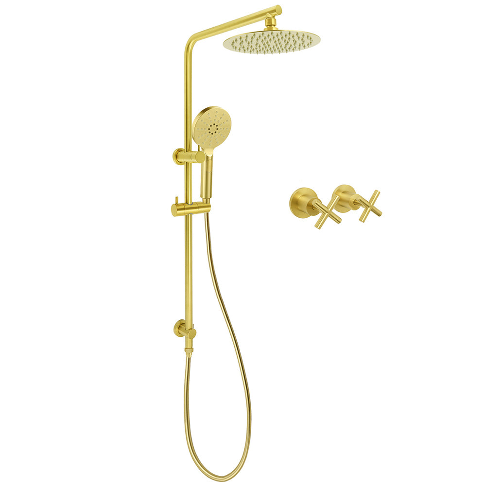 Brushed Gold Twin Shower Set 8" Round Head 3 Modes Handheld Sliding Rail Arm Classic Mixer V1233-S4902ABGHR002M4CGKSR108GKCR201BG