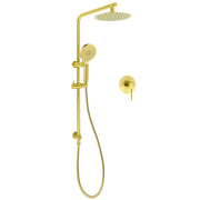 Brushed Gold Twin Shower Set 8" Round Head 3 Modes Handheld Sliding Rail Arm + Mixer V1233-S4902ABGHR002M4CGKSR108GKRD201G