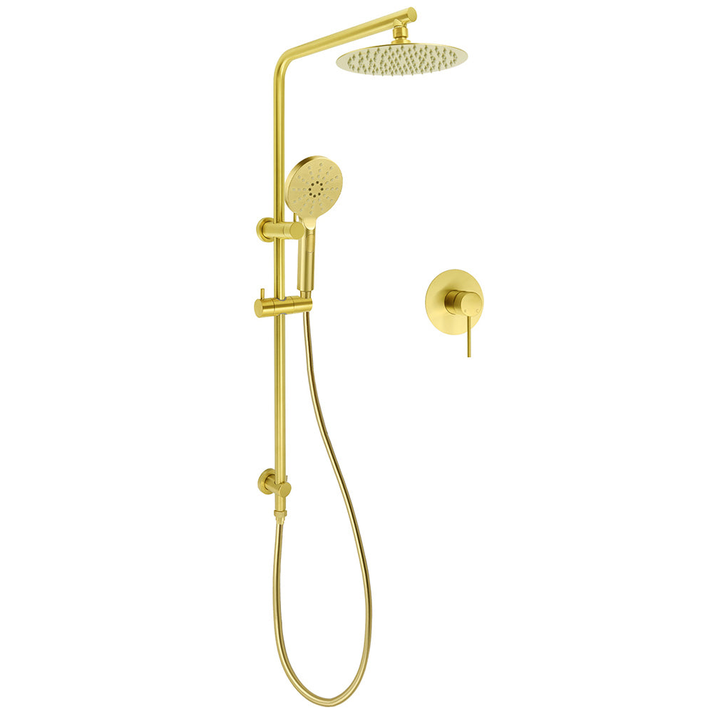 Brushed Gold Twin Shower Set 8" Round Head 3 Modes Handheld Sliding Rail Arm + Mixer V1233-S4902ABGHR002M4CGKSR108GKRD201G