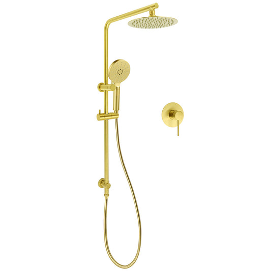 Brushed Gold Twin Shower Set 8" Round Head 3 Modes Handheld Sliding Rail Arm + Mixer V1233-S4902ABGHR002M4CGKSR108GKRD201G