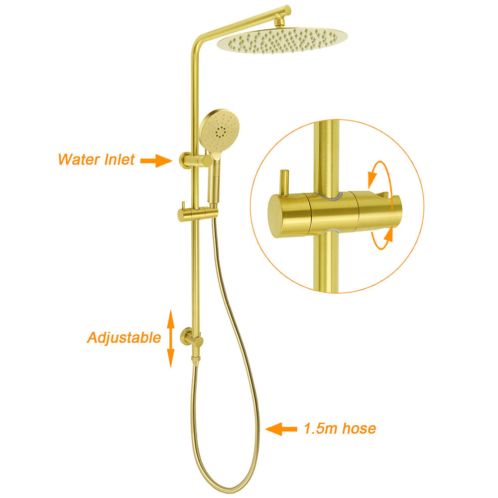 Brushed Gold Twin Shower Large Round 12" Rain Head Handheld Silde Wall Rail Arm V1233-S4902ABGHR002M4CGKSR112G