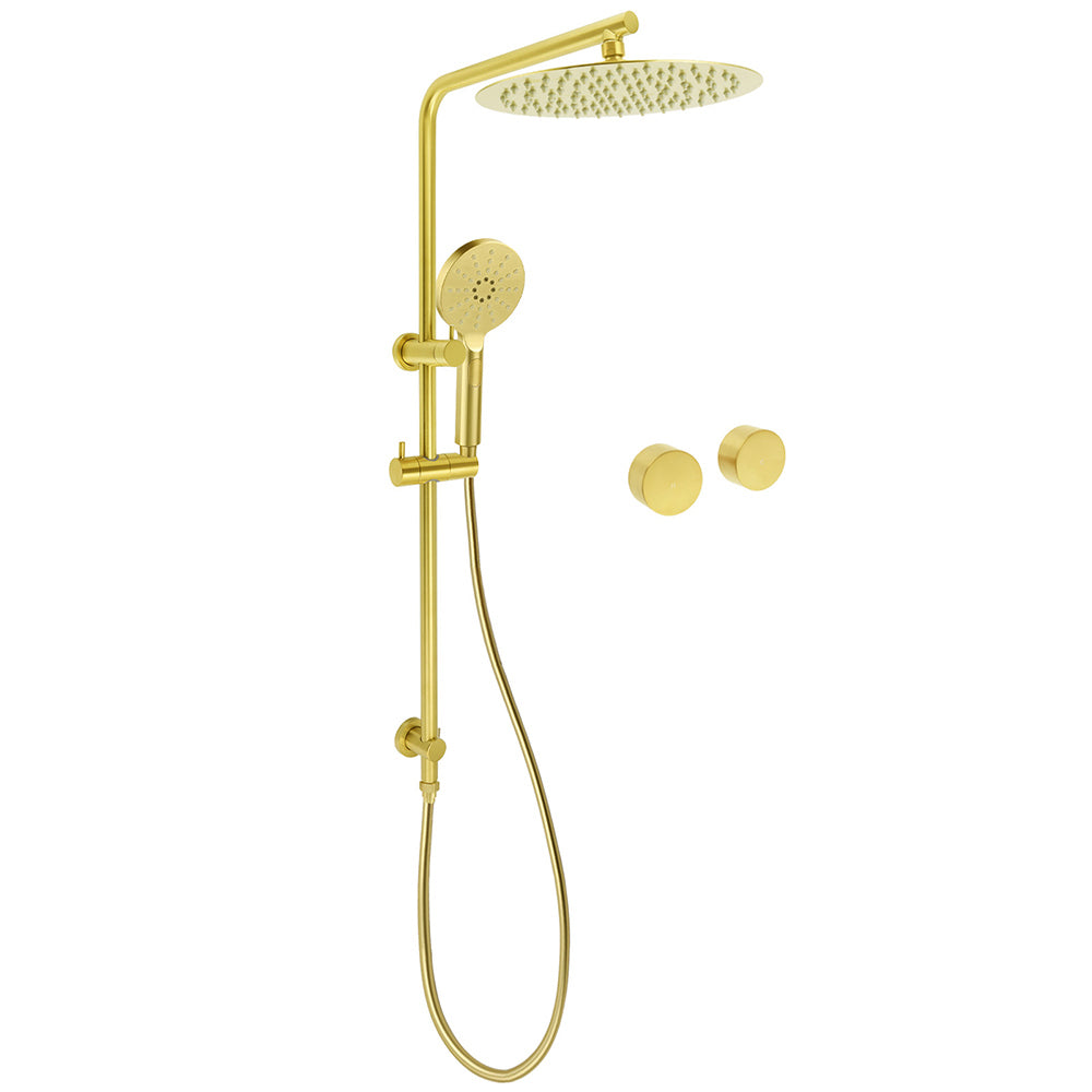 WELS Brushed Gold Dual Shower Set Large Round 12" Rain Head Handheld Silde Wall Rail Arm Taps V1233-S4902ABGHR002M4CGKSR112GKC0292BG