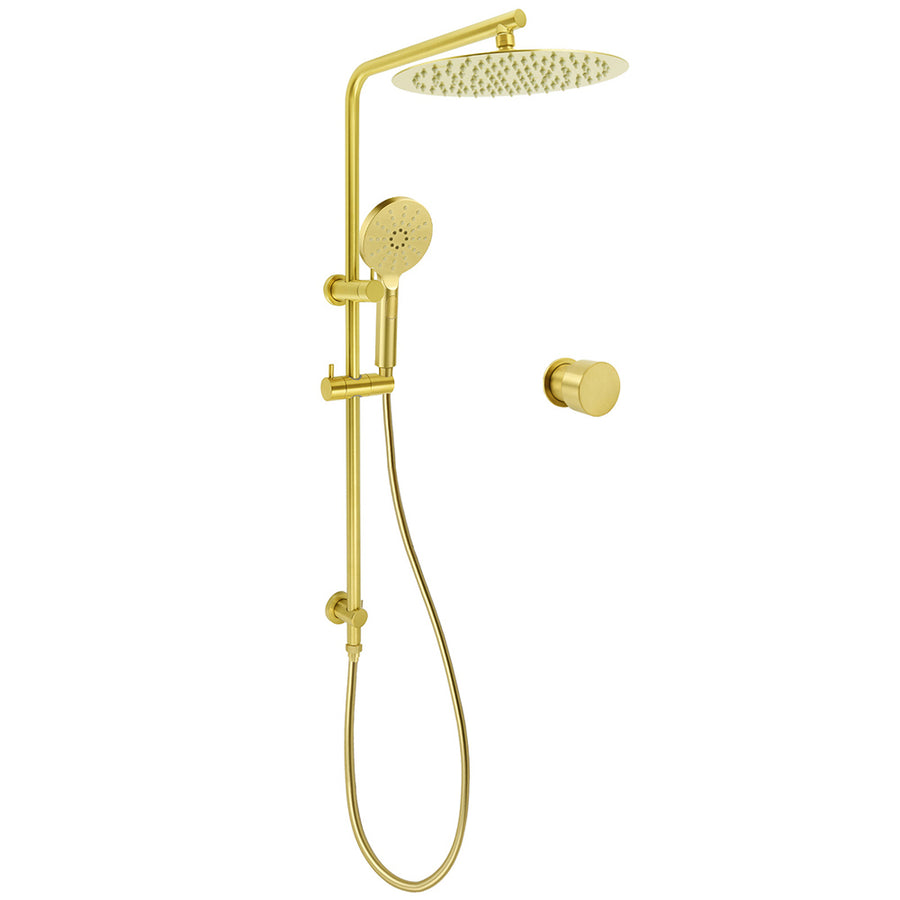 Brushed Gold Twin Shower Large Round 12" Rain Head Handheld Silde Wall Rail Arm Mixer Valve V1233-S4902ABGHR002M4CGKSR112GKC1292BG