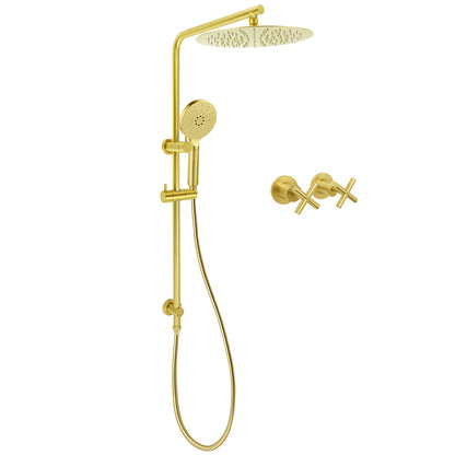 WELS Brushed Gold Twin Shower Large Round 12" Rain Head Handheld Silde Wall Rail Arm Stylish Mixer V1233-S4902ABGHR002M4CGKSR112GKCR201BG
