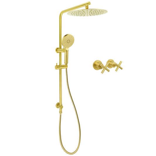 WELS Brushed Gold Twin Shower Large Round 12" Rain Head Handheld Silde Wall Rail Arm Stylish Mixer V1233-S4902ABGHR002M4CGKSR112GKCR201BG