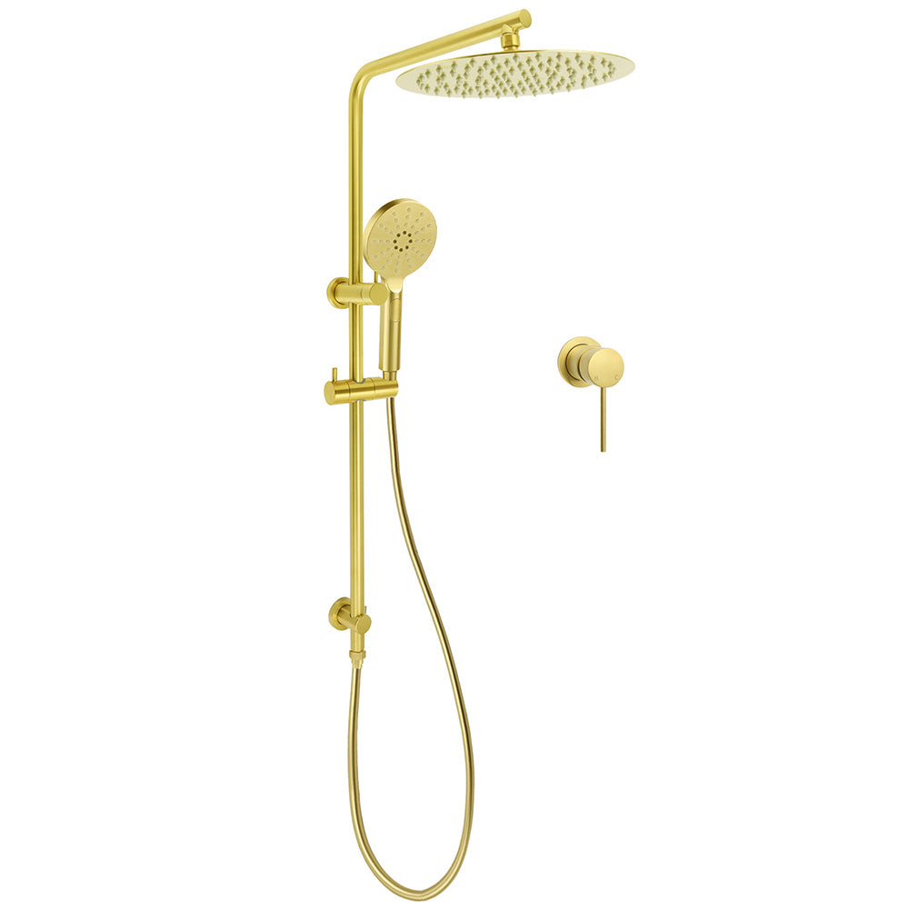 Brushed Gold Twin Shower Large Round 12" Rain Head Handheld Silde Wall Rail Arm Small Face Mixer V1233-S4902ABGHR002M4CGKSR112GKRD201G60