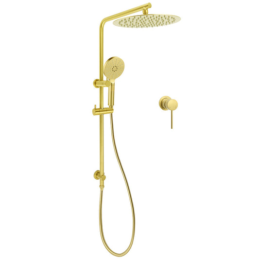 Brushed Gold Twin Shower Large Round 12" Rain Head Handheld Silde Wall Rail Arm Small Face Mixer V1233-S4902ABGHR002M4CGKSR112GKRD201G60
