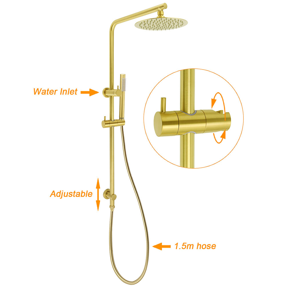 Brushed Gold Twin Shower Set Sliding Rail Arm 8" Round Head Stainless Steel Handheld Rose Combo V1233-S4902ABGSS019CBGKSR108G