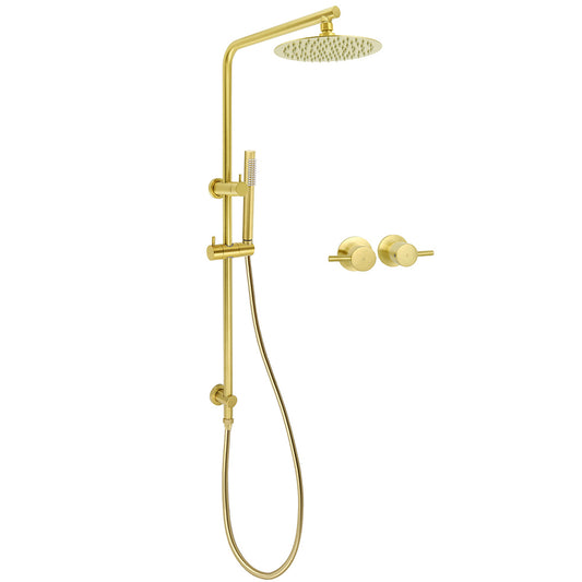 Brushed Gold 2in1 Shower Set 8" Round Head Stainless Steel Handheld Sliding Rail Arm + Twin Taps V1233-S4902ABGSS019CBGKSR108GCPF0282AG