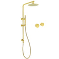 Brushed Gold Dual Shower Set 8" Round Head Ergonomic Handheld Sliding Rail Arm Twin Taps V1233-S4902ABGSS019CBGKSR108GKC0292BG