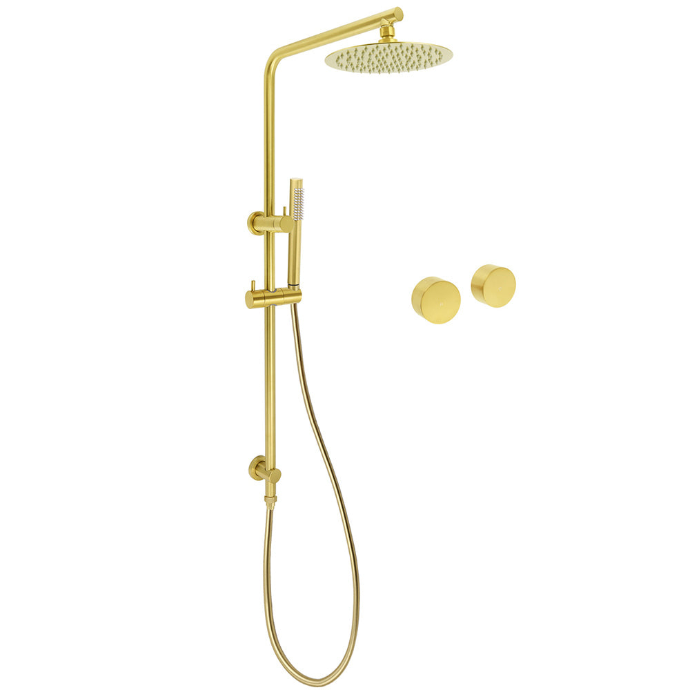 Brushed Gold Dual Shower Set 8" Round Head Ergonomic Handheld Sliding Rail Arm Twin Taps V1233-S4902ABGSS019CBGKSR108GKC0292BG