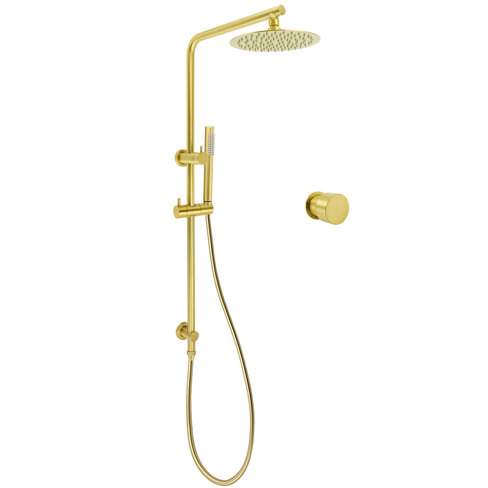 Brushed Gold Twin Shower Set 8" Round Head Single Mode Metal Handheld Sliding Rail Arm Mixer Valve V1233-S4902ABGSS019CBGKSR108GKC1292BG