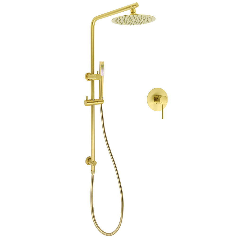 Brushed Gold Twin Shower Set 8" Round Head Single Mode Handheld Sliding Rail Arm + Wall Mixer V1233-S4902ABGSS019CBGKSR108GKRD201G