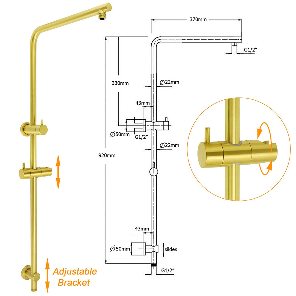 WELS Brushed Gold 2in1 Shower Large Round 12" Rain Head Handheld Silde Wall Rail Arm V1233-S4902ABGSS019CBGKSR112G