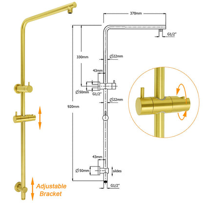 WELS Brushed Gold Large Top Shower Round 12" Rain Head Handheld Silde Wall Rail Arm Twin Taps V1233-S4902ABGSS019CBGKSR112GCPF0282AG