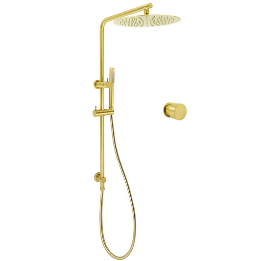 Brushed Gold Twin Shower Large Round 12" Rain Head Metal Rose Silde Wall Rail Arm Mixer Valve V1233-S4902ABGSS019CBGKSR112GKC1292BG