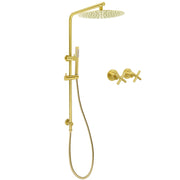 WELS Brushed Gold Twin Shower Large Round 12" Rain Head Metal Handheld Silde Wall Rail New Luxury Mixer V1233-S4902ABGSS019CBGKSR112GKCR201BG