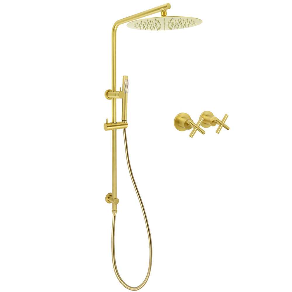 WELS Brushed Gold Twin Shower Large Round 12" Rain Head Metal Handheld Silde Wall Rail New Luxury Mixer V1233-S4902ABGSS019CBGKSR112GKCR201BG